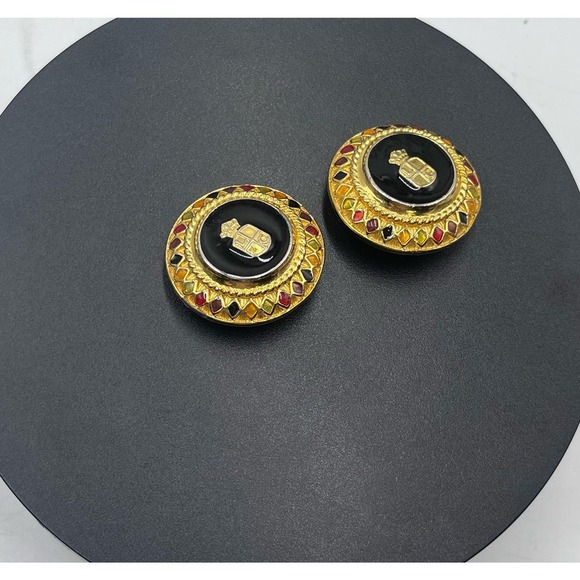 Liz Claiborne Vintage Lg Oval Black Enamel Jewel Crest Clip Earrings - Picture 3 of 16